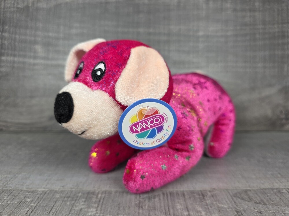 Bright Pink 8" Puppy Dog Laying Plush Rainbow Metallic Sparkle Foil Stars b50